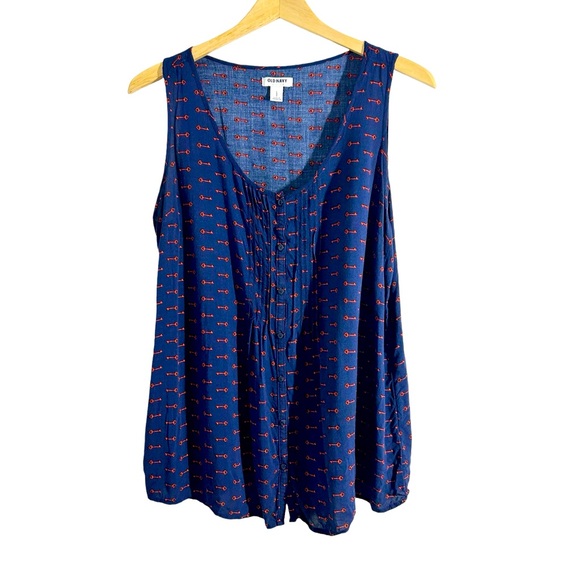 Old Navy Sleeveless Blue & Red Key Print Button Down Blouse Size Large - Picture 1 of 9